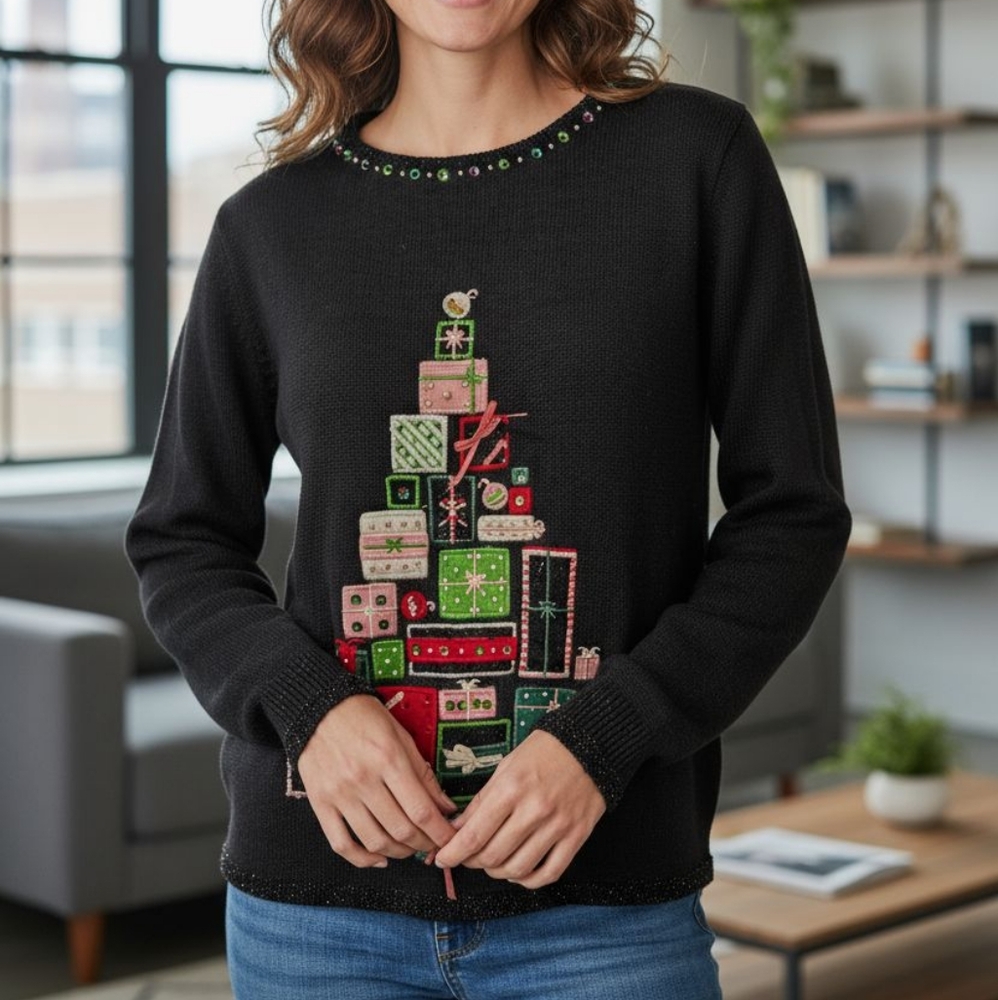 Vintage tiara christmas Holiday Embroidered Gift Box Tree womens sweater